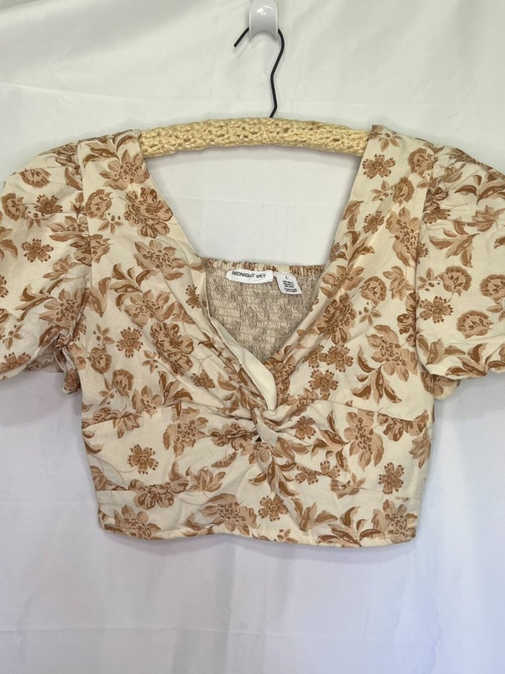 Midnight Sky Smocked Puff Sleeve Cropped Floral Cropped Top Linen blend Blouse L